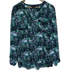 Covington Blouse Womens 1X Green Blue Snakeskin Print Lightweight Button Top